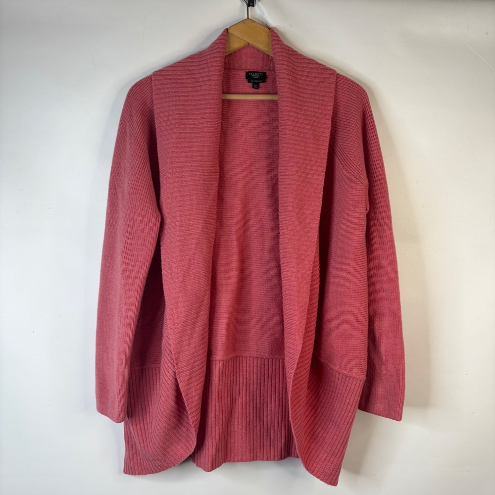 Talbots Cardigan Women 2X Pink Merino Wool Shawl Collar Open Ribbed Sweater